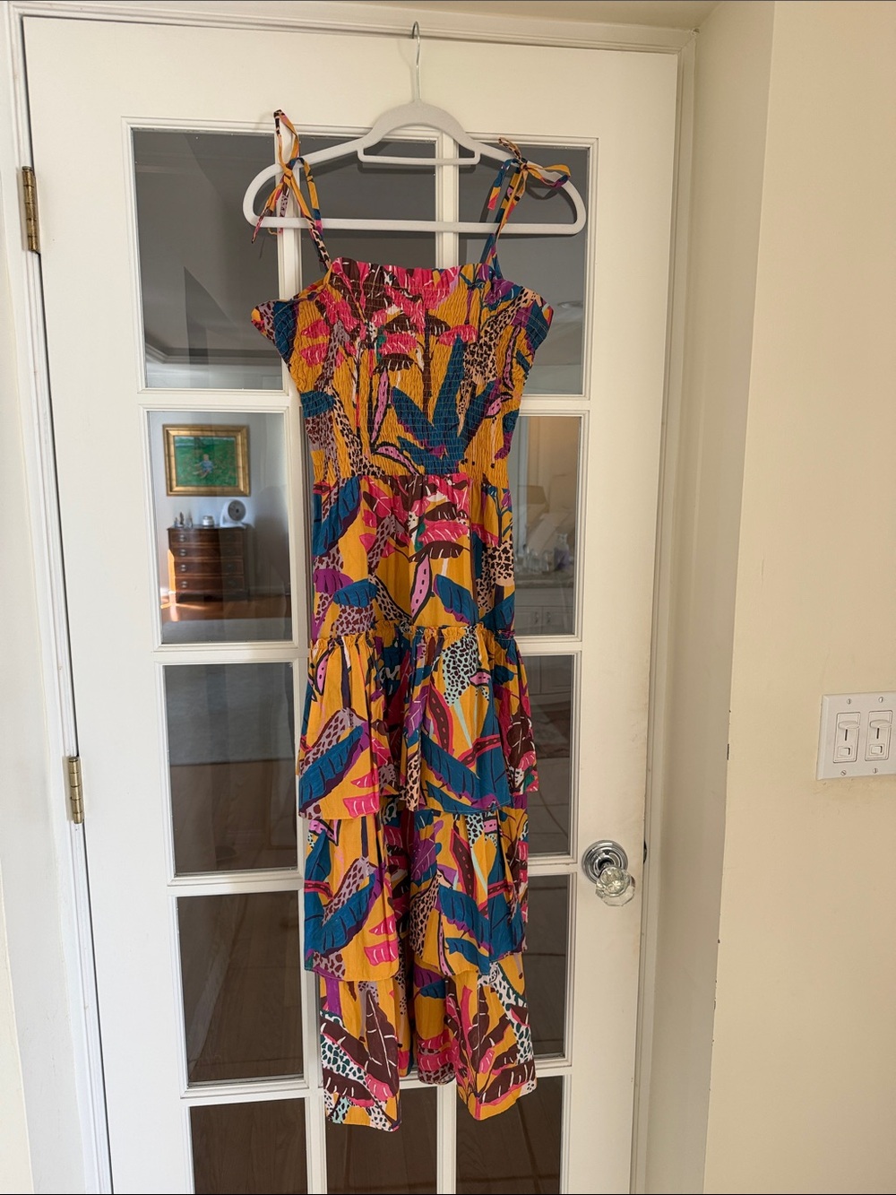 Yellow Tropical Print Tie-Strap Tiered Jumpsuit Romper